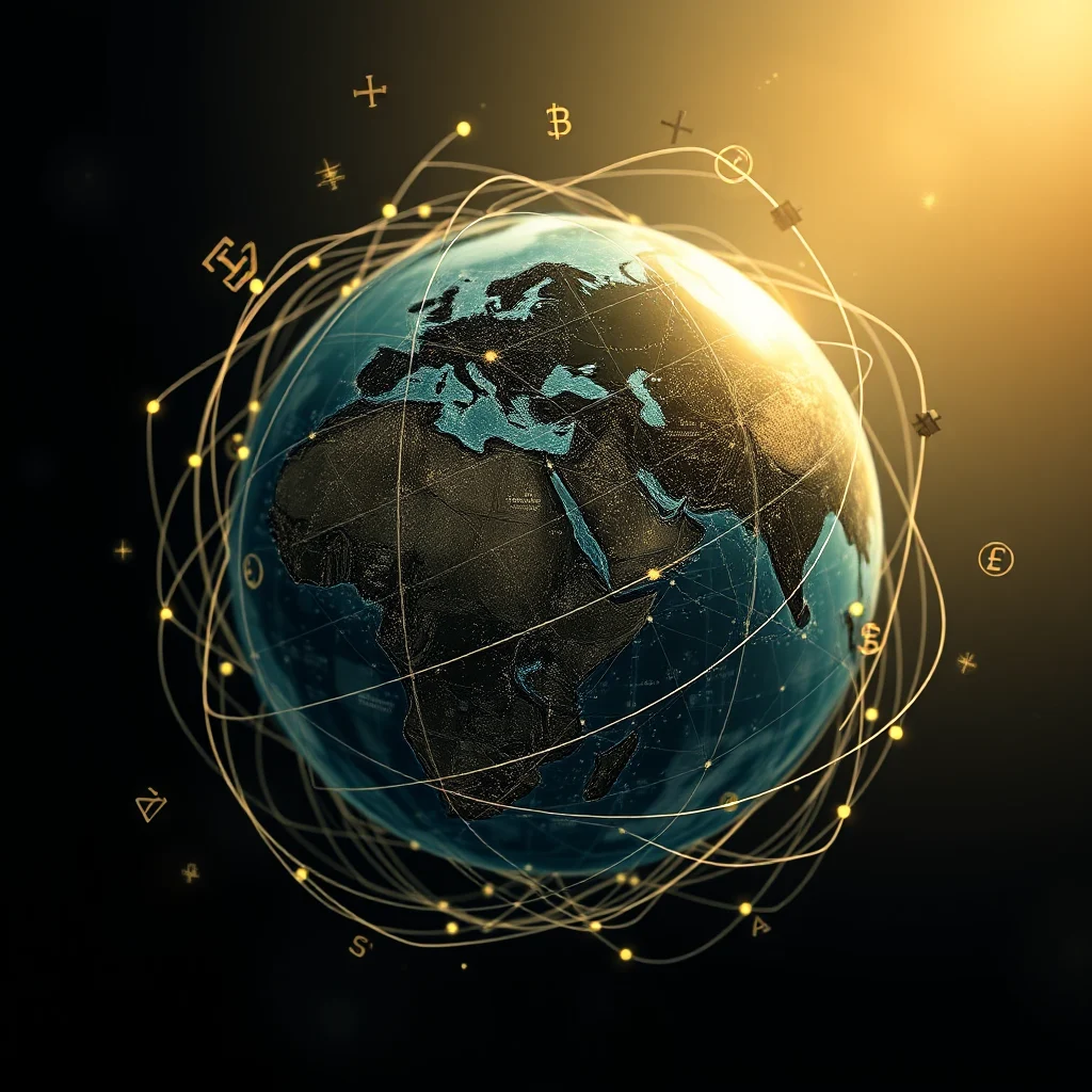 Eine 3D-Darstellung der Erde mit einer leuchtenden Aura, die von einem Netzwerk aus Linien und goldenen Symbolen von Kryptowährungen und Währungen umgeben ist.