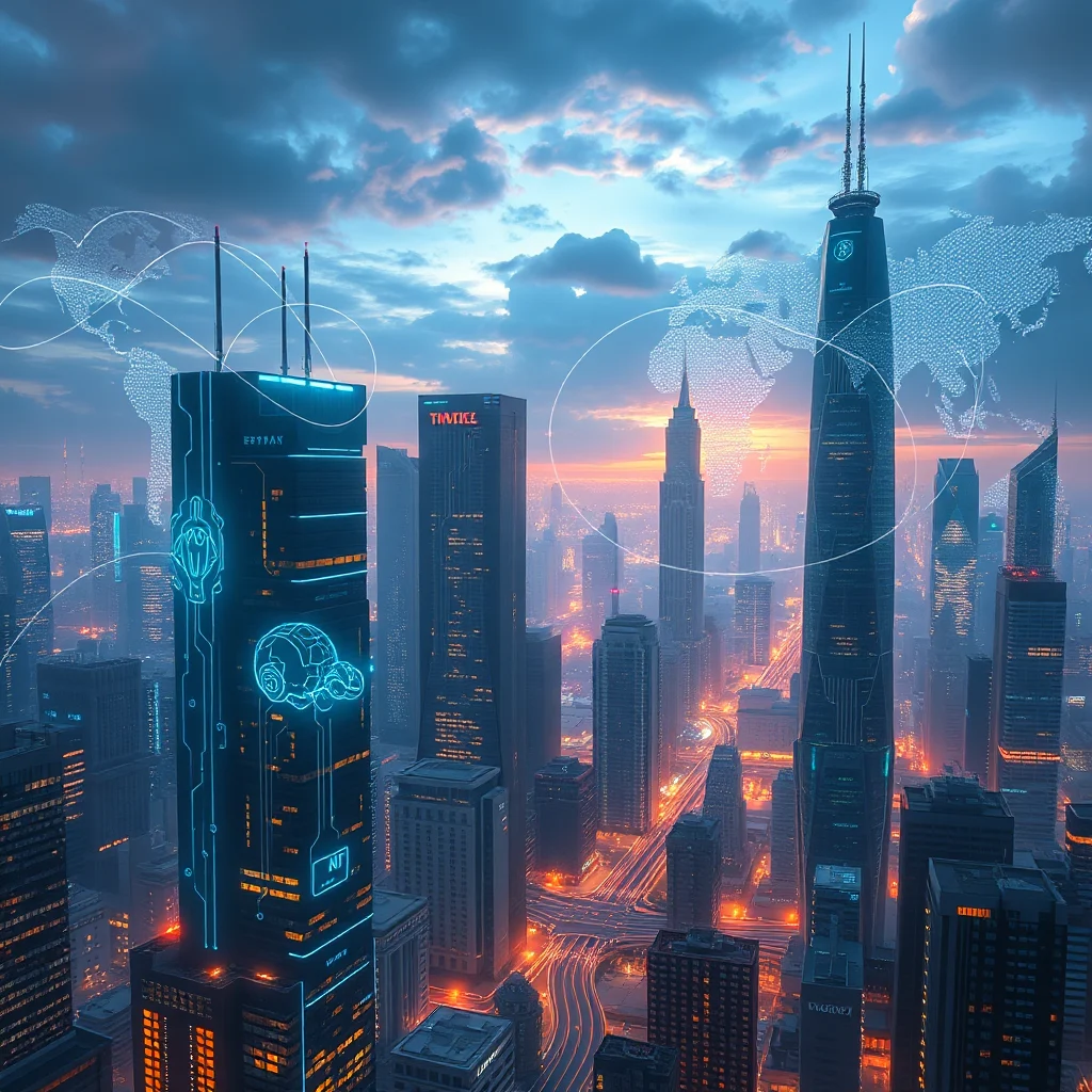 Luftaufnahme einer modernen Stadt mit hoch aufragenden Wolkenkratzern, die im Abendlicht leuchten, überlagert von einer stilisierten Weltkarte und Verbindungsnetzlinien, die ein Gefühl von globaler Vernetzung und Technologie vermitteln.