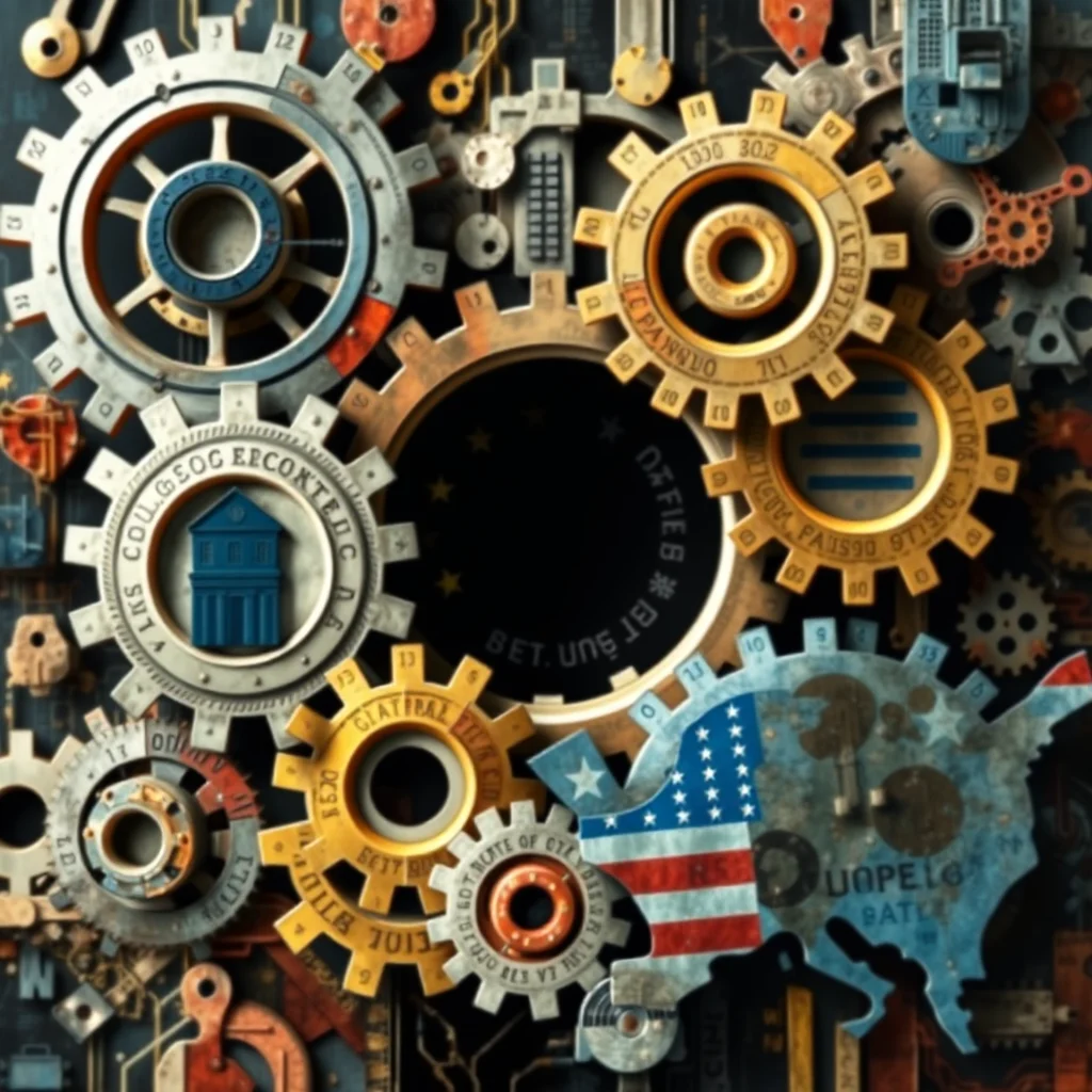 Ein dichtes Arrangement von Zahnrädern verschiedener Größen und Materialien. Die Räder sind in einer komplexen, mechanischen Anordnung miteinander verzahnt und bilden eine Art Mosaik oder Collage. Einige Zahnräder sind aus Metall gefertigt, andere scheinen aus Bronze oder Messing zu sein, was ihnen einen warmen, metallischen Glanz verleiht. Ein auffälliges Zahnrad im Vordergrund zeigt das Bild eines blauen Gebäudes mit Säulen, das von Text und Zahlen umgeben ist, die kreisförmig angeordnet sind. Ein weiteres großes Zahnrad ist mit dem Muster der amerikanischen Flagge und einer blauen Silhouette der Vereinigten Staaten von Amerika bedruckt. Zwischen den Zahnrädern sind weitere mechanische Elemente zu sehen, wie Schrauben, Muttern und kleine, detaillierte Geräte. Der Hintergrund ist dunkel und verschwommen, was die Tiefe und Komplexität des mechanischen Systems betont. Einige der Zahnräder tragen Zahlen und scheinbar zufällige Buchstabenkombinationen, die den Eindruck von Präzision und technischem Design erwecken. Die Gesamtkomposition wirkt wie eine Darstellung eines komplexen Getriebesystems, das möglicherweise eine metaphorische Bedeutung für Technologie, Wirtschaft oder eine andere Art von vernetztem System hat.