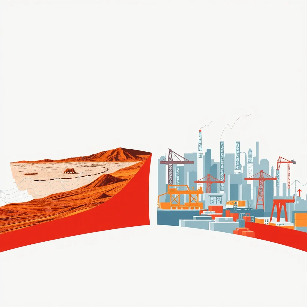Eine abstrakte Darstellung eines Eisbären, der in einer unwirtlichen, ausgetrockneten Landschaft wandert, die durch eine rote, aufsteigende Linie von einer industriellen Stadt mit Kränen und Fabrikschloten getrennt wird.