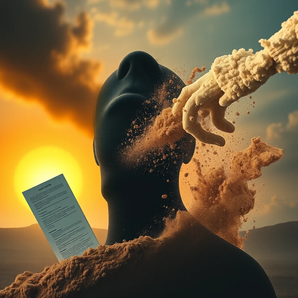 Eine Person aus Sand löst sich im Sonnenuntergang auf, während eine Hand aus Sand Teile von ihr wegreißt. Ein Lebenslauf liegt im Sand.