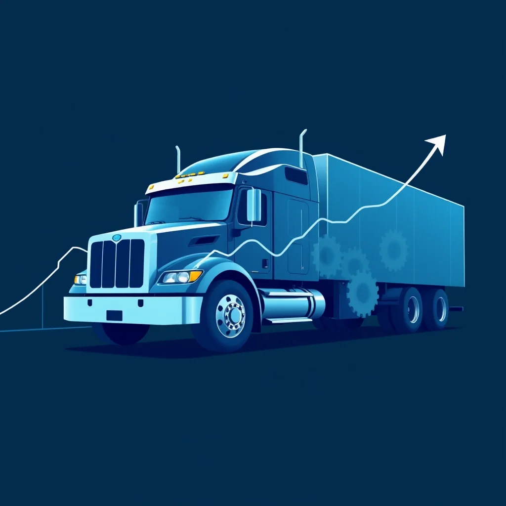 Ein blaues Symbolbild eines Lastwagens mit einem steigenden Diagramm und Zahnrädern dahinter auf einem dunklen blauen Hintergrund.