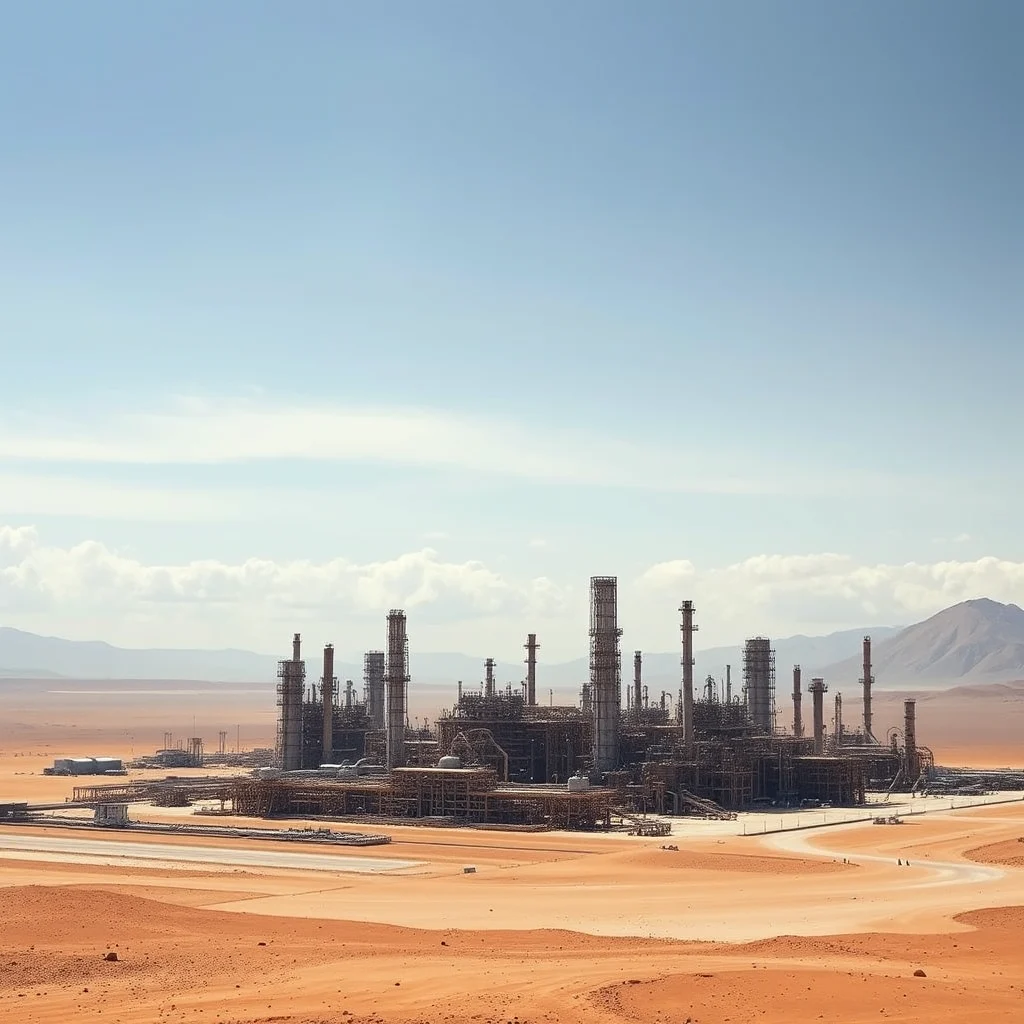Eine weitläufige Industrieanlage mit vielen hohen Türmen und Gebäuden, die in einer trockenen, Wüstenlandschaft unter einem klaren blauen Himmel mit vereinzelten Wolken gelegen ist.