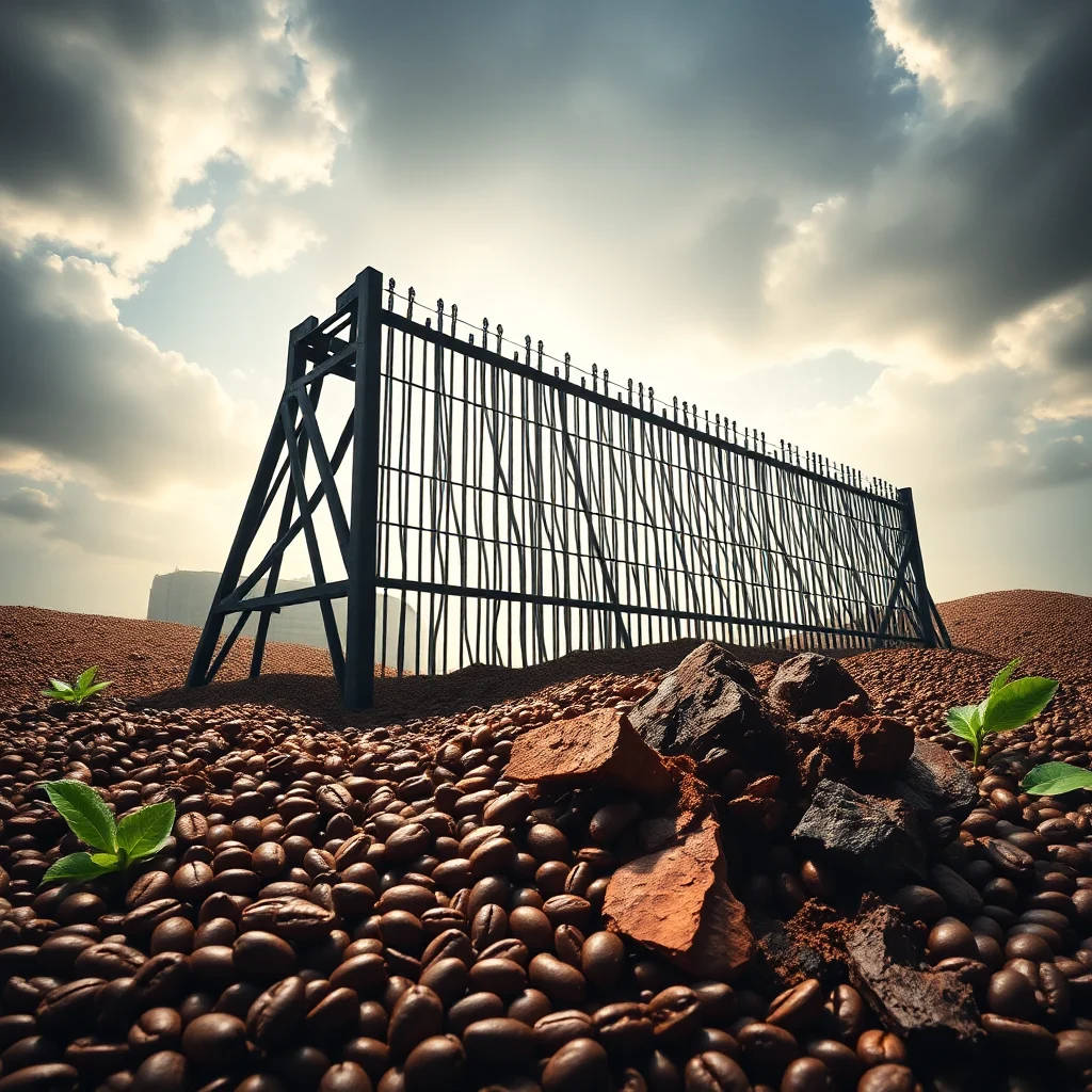 Ein langer, dunkler Zaun mit verzierten Spitzen steht auf einem Feld voller Kaffeebohnen. Im Vordergrund liegen mehrere Kaffeebohnen, einige zerbrochene Ziegelsteine und ein paar grüne Setzlinge. Am Horizont sind Wolken und ein Gebäude zu sehen.