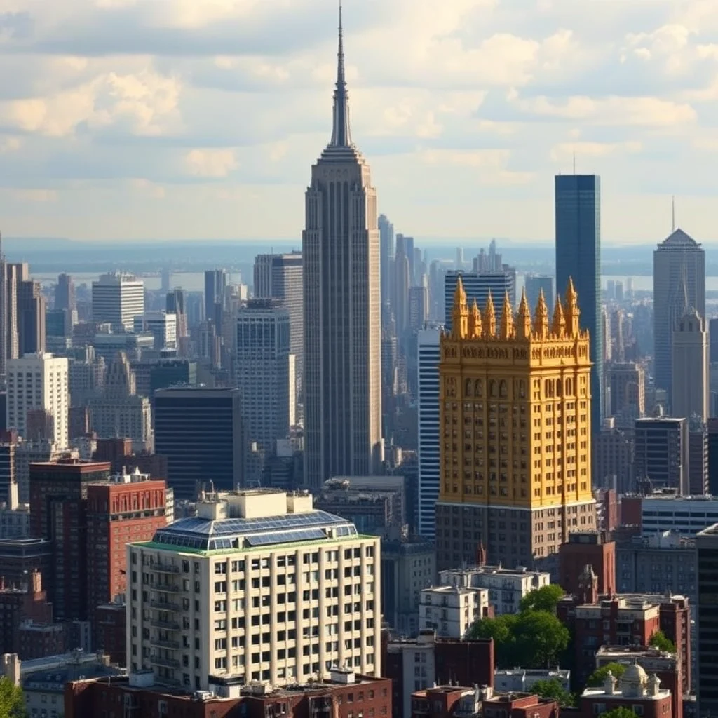 Ein Blick auf die Skyline von New York City mit dem Empire State Building und anderen Wolkenkratzern an einem bewölkten Tag.