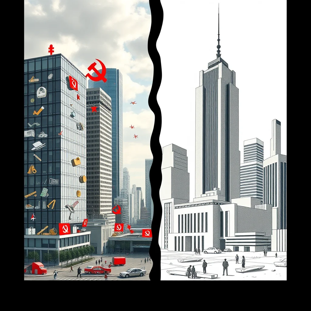 Ein geteilter Blick auf eine Stadt: Auf der linken Seite ist eine moderne Stadt mit einigen kommunistischen Symbolen wie dem Hammer und der Sichel sowie roten Fahnen zu sehen. Die Gebäude sind teilweise mit verschiedenen symbolischen Gegenständen wie Werkzeugen und Ausrüstung dekoriert. Auf der rechten Seite ist ein ähnlicher Blick auf die Stadt im Stil einer Schwarz-Weiß-Zeichnung, die eher minimalistisch und im Stil einer Skizze gehalten ist, wobei einige Gebäude detaillierter gezeichnet sind als andere.