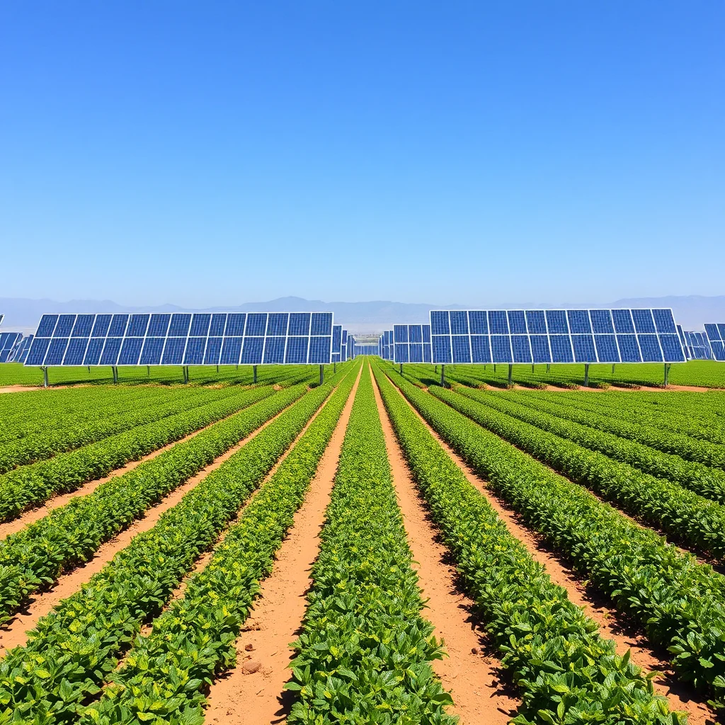 Große Solarparks mit Reihen von Pflanzen im Vordergrund und einem blauen Himmel darüber.