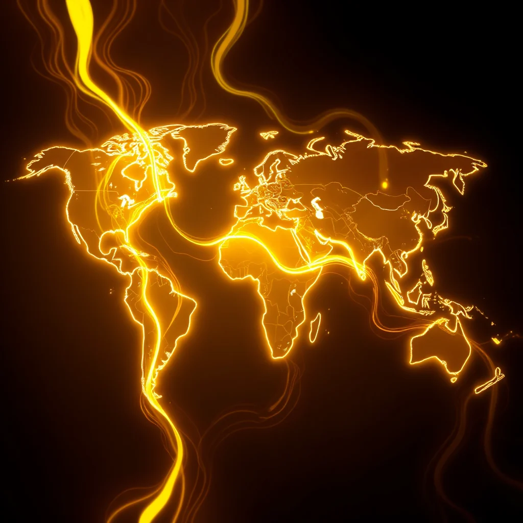 Eine Weltkarte mit leuchtenden orangen Linien, die Kontinente verbinden, auf schwarzem Hintergrund.