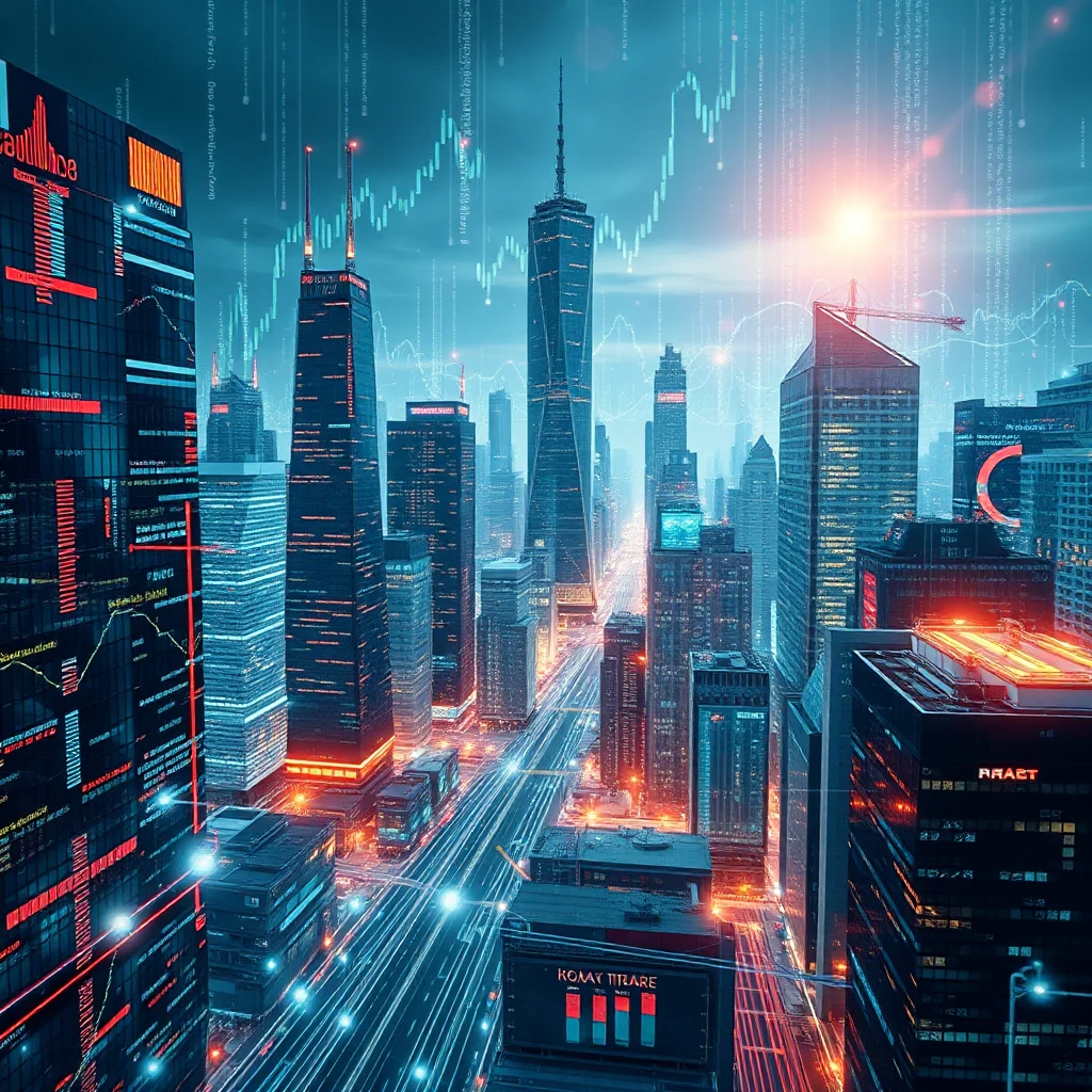 Eine dunkle, futuristische Stadtansicht bei Nacht mit hoch aufragenden Wolkenkratzern, die von roten und blauen Lichtern beleuchtet werden. Über der Stadt sind Finanzdiagramme und Datenströme zu sehen, die auf eine globale Vernetzung und wirtschaftliche Aktivität hinweisen.