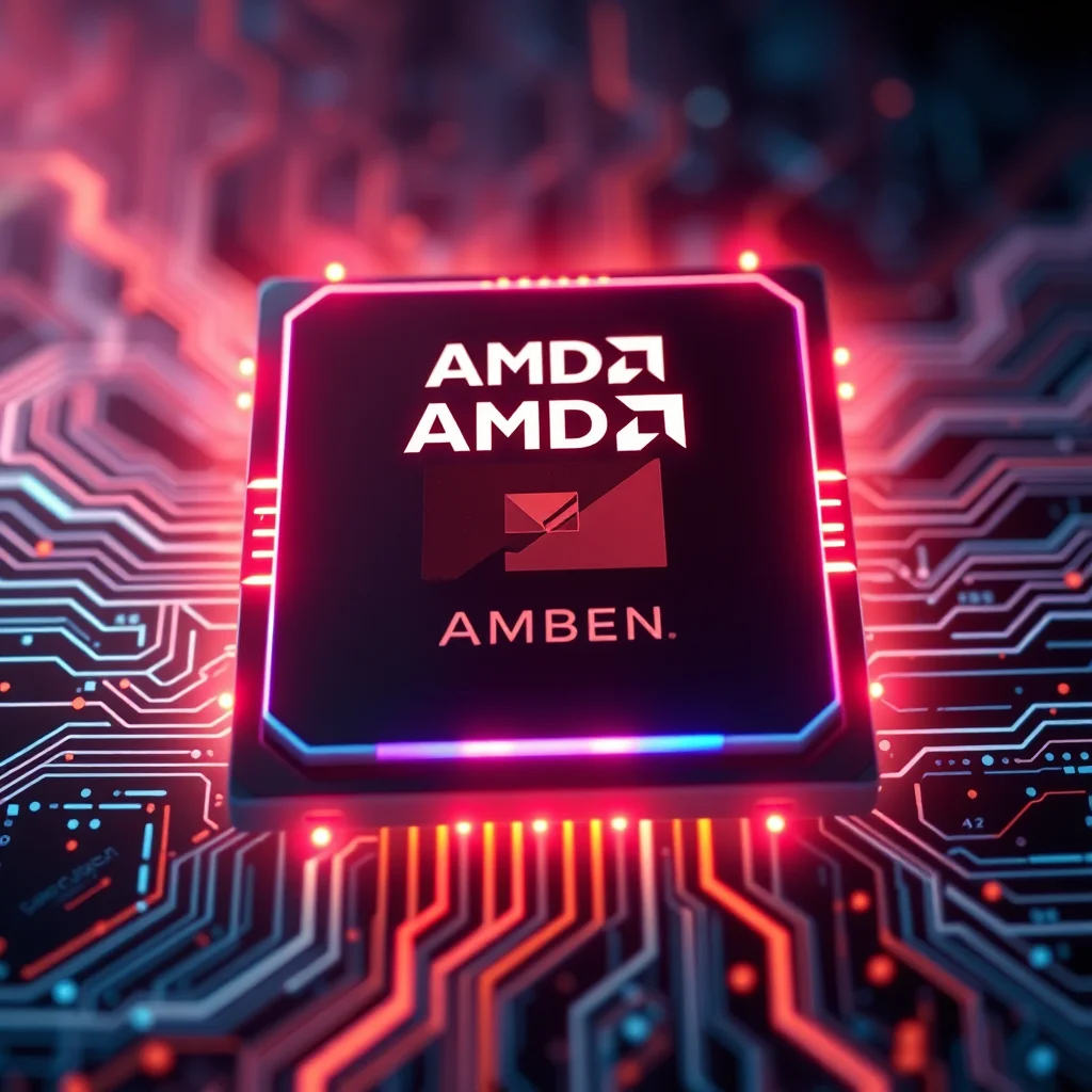 Ein Nahaufnahme-Bild eines AMD-Chips auf einer Leiterplatte mit roten und blauen Akzenten.