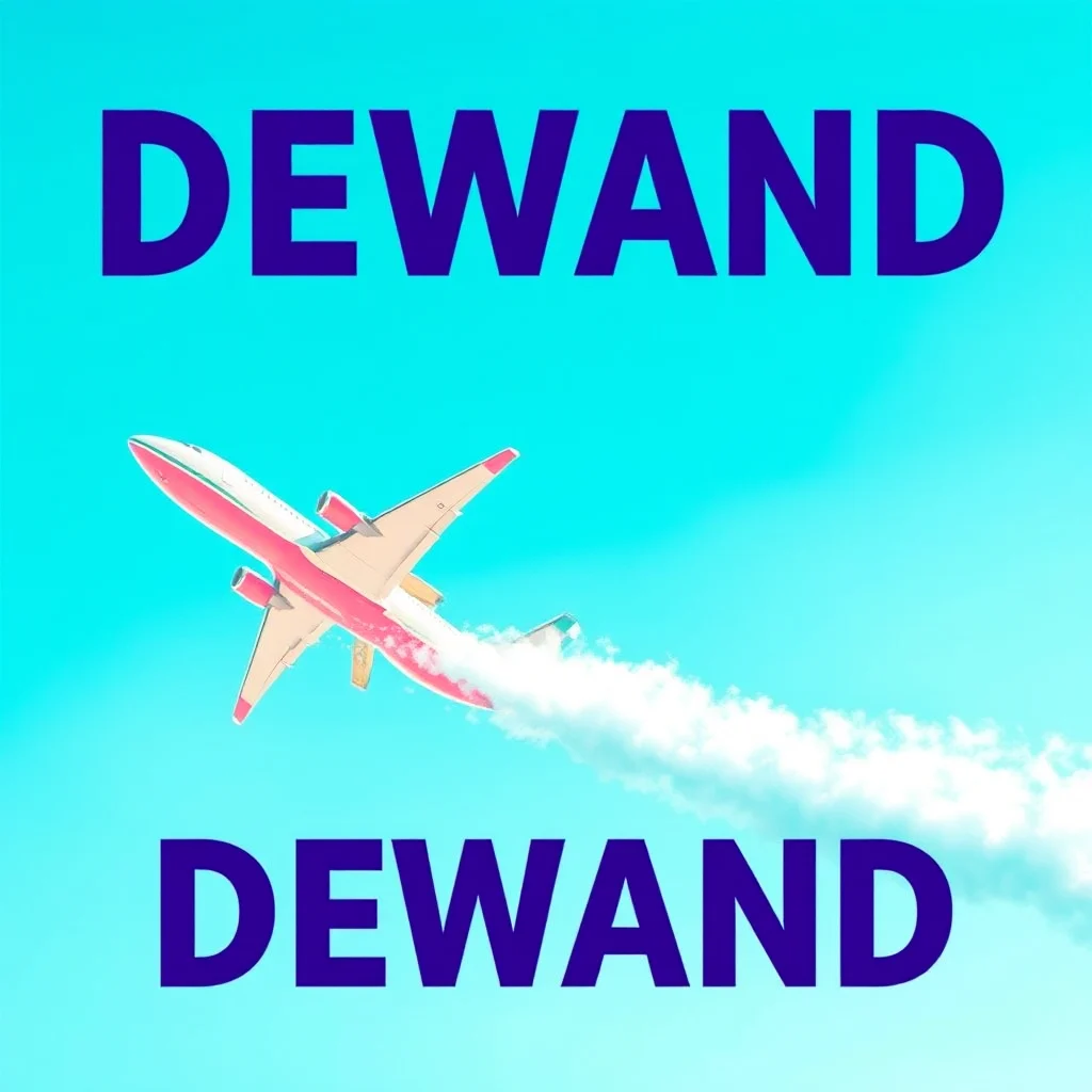 Ein Flugzeug fliegt in den Himmel, hinter dem Flugzeug ist eine Rauchsäule zu sehen. Über und unter dem Flugzeug sind die Wörter "DEWAND" in großen blauen Buchstaben zu sehen.