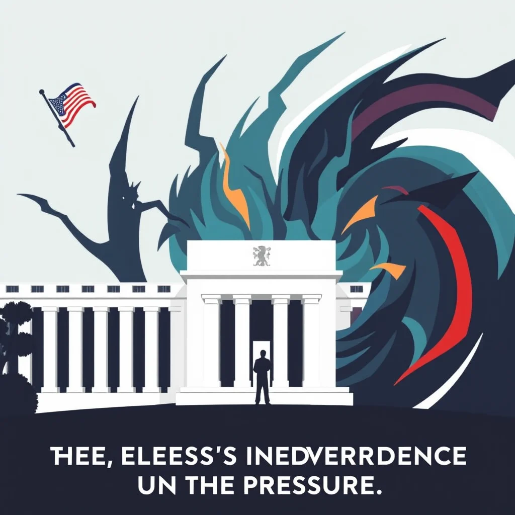 Ein Mann steht vor einem weißen Gebäude mit Säulen. Hinter dem Gebäude ist eine stilisierte Darstellung eines Wirbelsturms oder einer großen Welle mit dunklen und bunten Farben. Eine amerikanische Flagge weht auf der linken Seite des Bildes. Unter dem Bild steht der Text: "THE, ELEESS'S INEDVERRDENCE UN THE PRESSURE."