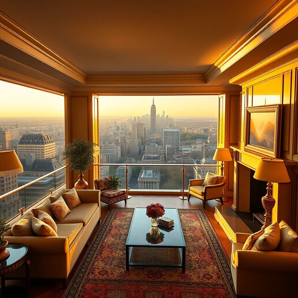 Ein luxuriöses Wohnzimmer mit bodentiefen Fenstern und einem atemberaubenden Blick auf die Skyline von New York City bei Sonnenuntergang, mit dem Empire State Building in der Ferne. Das Zimmer ist mit einer beigen Couch, einem Sessell mit Blumenmuster, einem weiteren Sessel, einem Couchtisch aus Glas und einem Kamin eingerichtet, alles beleuchtet von warmen Lampen.