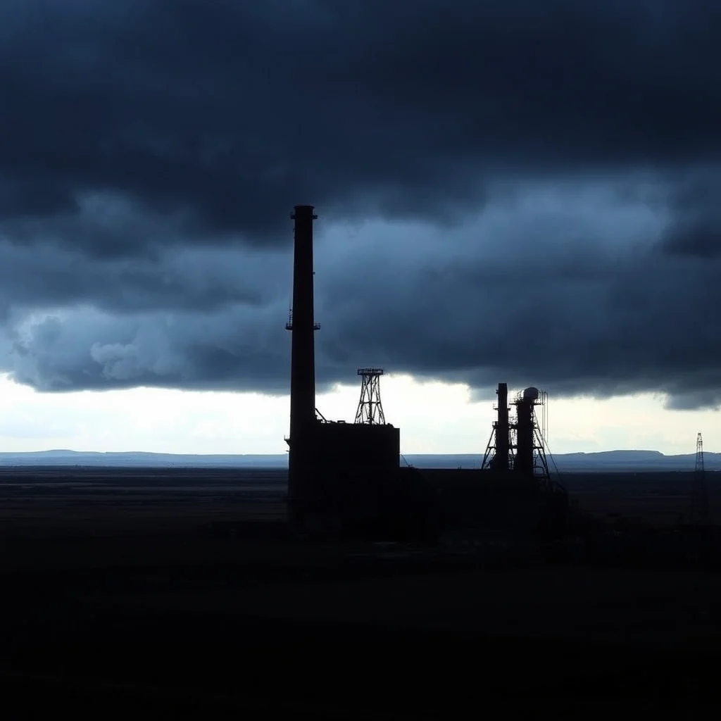 Silhouette einer Industrieanlage mit einem Schornstein und mehreren Strukturen unter einem dramatisch bewölkten Himmel.