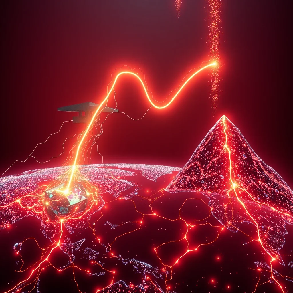 Eine futuristische dystopische Landschaft mit einem roten Himmel, der von flackernden Lichtern und Stromschlägen durchzogen ist. Im Vordergrund befindet sich eine zerklüftete, leuchtende Oberfläche, die an ein Netz aus glühenden Venen erinnert, über das sich ein zerfallender, metallischer Kubus erhebt. Von diesem Kubus ausgehend, schlängeln sich hellgelbe Energiewellen und Stromschläge, die sich zu einem großen Bogen formen und nach rechts zu einem glühenden Berg oder Vulkan mit pulsierenden Lichtadern und aufsteigenden Partikeln aus Energie verbinden. Links im Bild schwebt eine flache, dunkle Struktur mit einem dreieckigen Element und Lücken. Die Gesamtstimmung ist bedrohlich und von einer außerirdischen Technologie oder einem katastrophalen Ereignis geprägt.