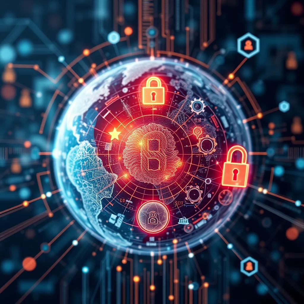Eine globale Vernetzung von Daten und Sicherheitssymbolen, die eine Bitcoin-ähnliche Struktur in der Mitte umgibt.