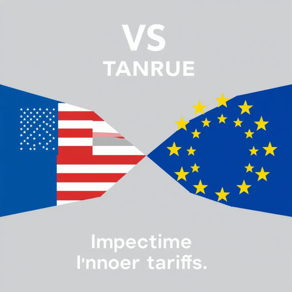 Eine Grafik mit den Flaggen der USA und der EU, die sich in der Mitte treffen, mit dem Text "VS TANRUE" und "Impectime I'nnoer tariffs."