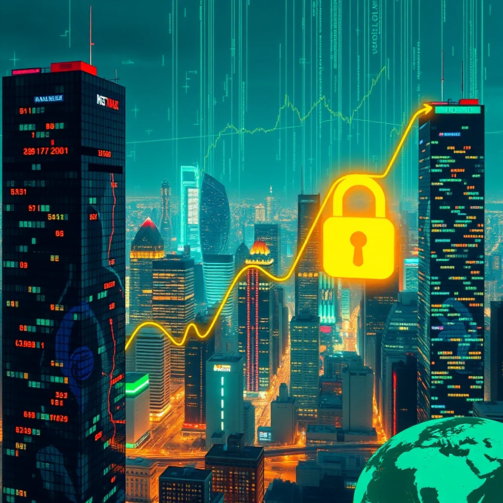 Ein stilisiertes Bild einer Skyline bei Nacht mit einem aufsteigenden gelben Diagramm, das in einem großen, leuchtenden gelben Vorhängeschloss endet, und einem Teil einer grün leuchtenden Weltkugel im Vordergrund.