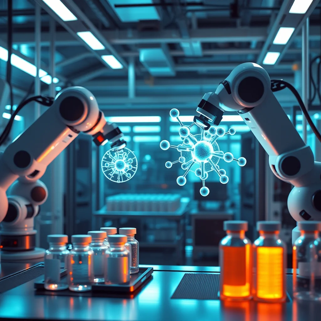 Zwei Roboterarme manipulieren leuchtende Molekülstrukturen in einem Hightech-Labor mit Fläschchen und Flüssigkeiten im Vordergrund.