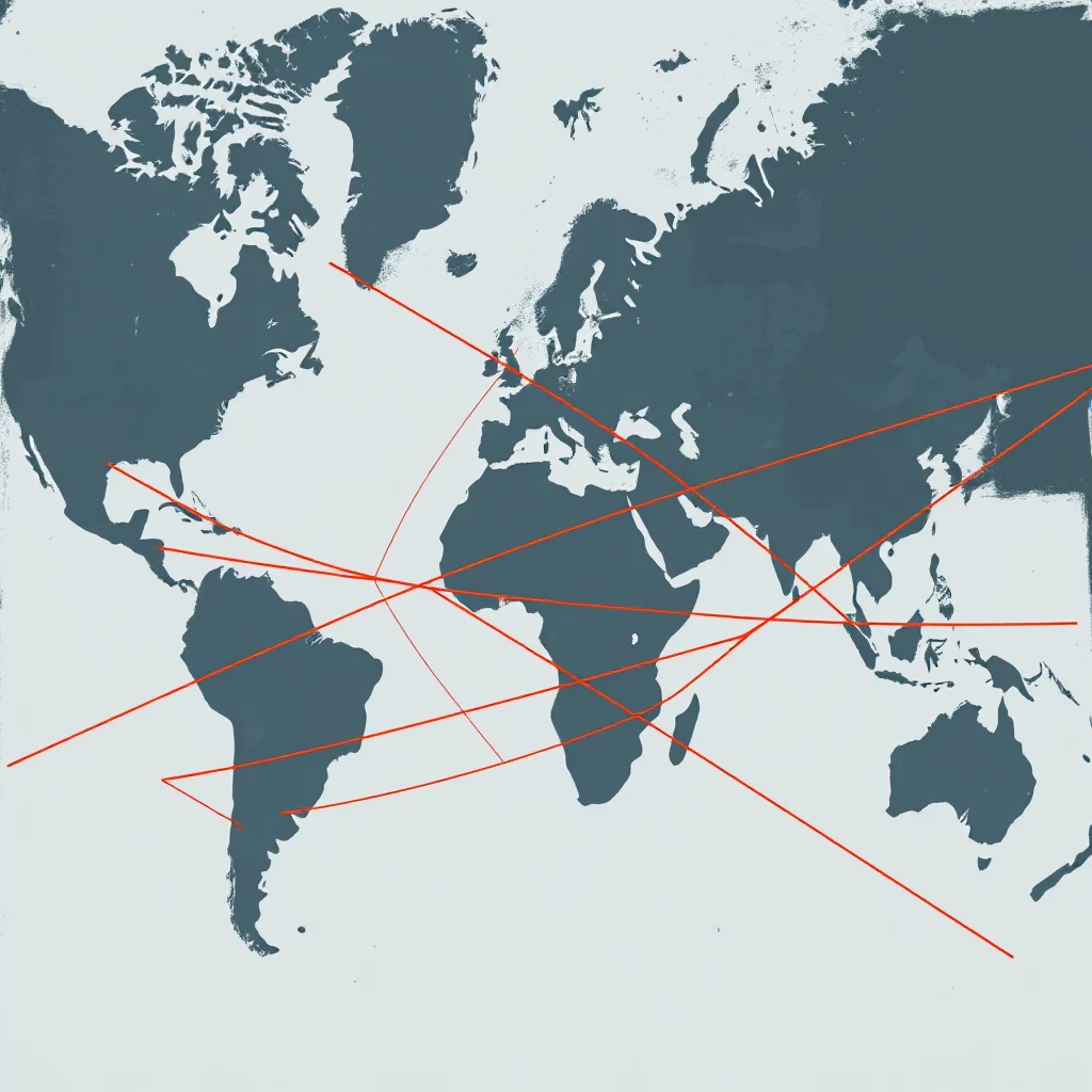 Eine Weltkarte mit roten Linien, die verschiedene Orte miteinander verbinden, was auf globale Verbindungen oder Reiserouten hindeutet.