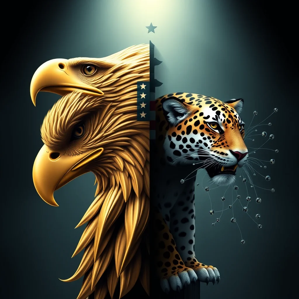 Do goldene Köpfe von zwei Adlern, von vorne gesehen und übereinander gestapelt, stehen neben einem Jaguar, der auf beiden Seiten mit einer amerikanischen Flagge geteilt ist.