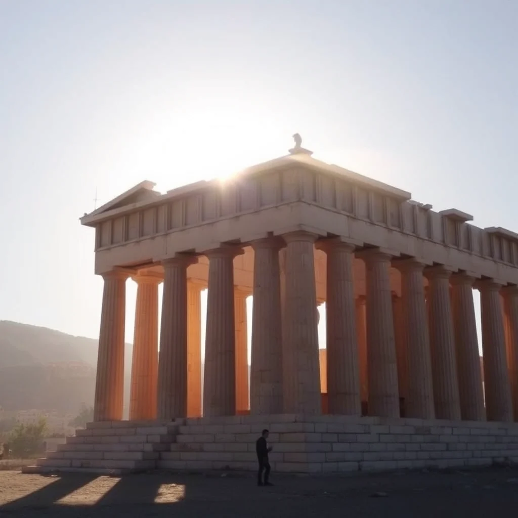 Eine Person steht vor einem antiken griechischen Tempel, der von der tiefstehenden Sonne beleuchtet wird, was einen dramatischen und stimmungsvollen Effekt erzeugt.