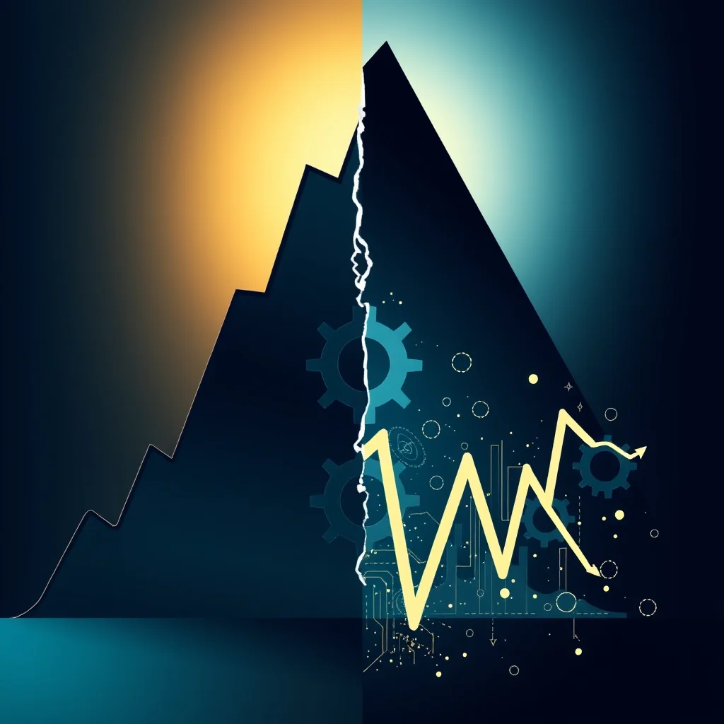 Ein zerissener Berg oder Diagramm mit einem goldenen, nach oben zeigenden Teil und einem dunklen, nach unten fallenden Teil, mit Zahnrädern und einem Diagramm.
