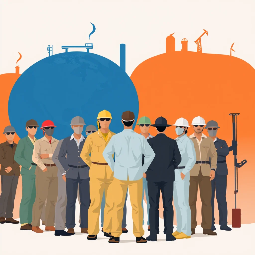 Gruppe von Arbeitern vor Industrieanlagen