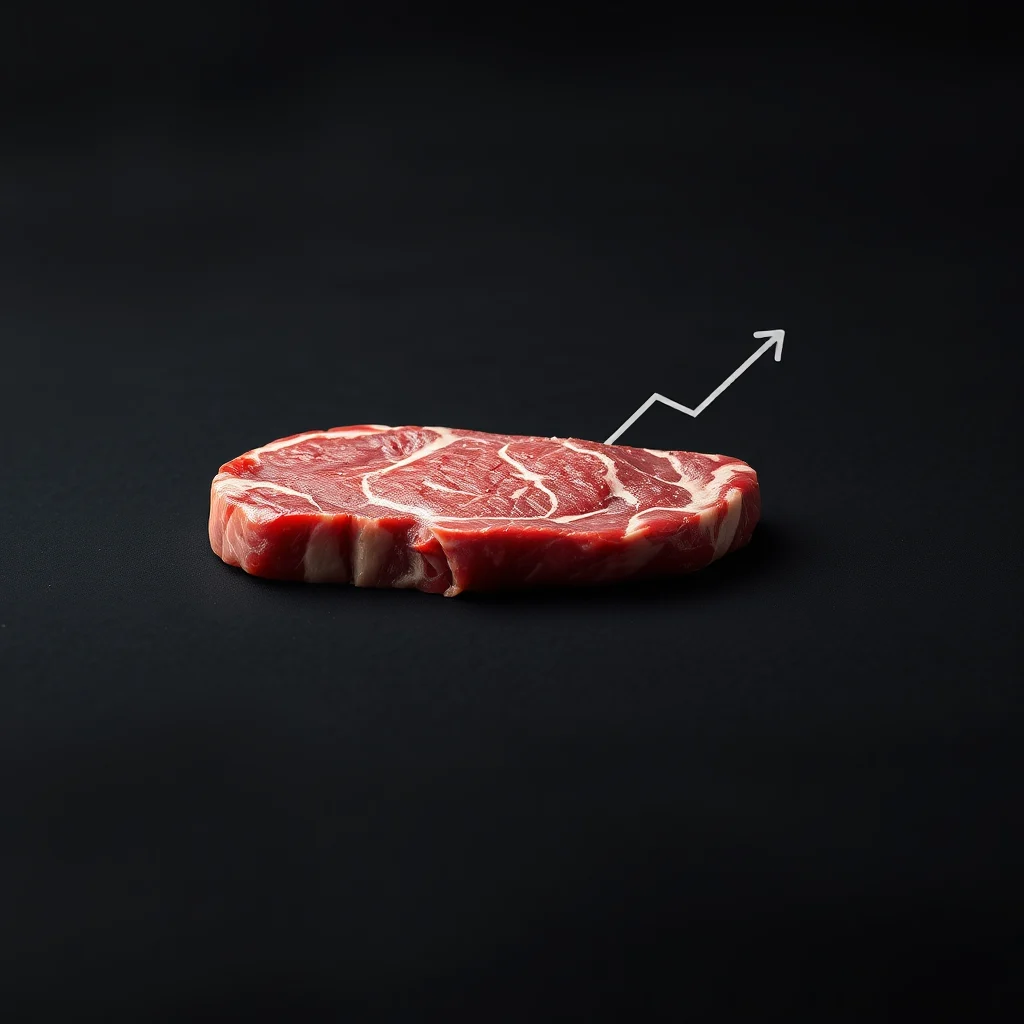 Ein rohes Steak auf schwarzem Hintergrund, mit einem weißen Pfeildiagramm, das nach oben zeigt.