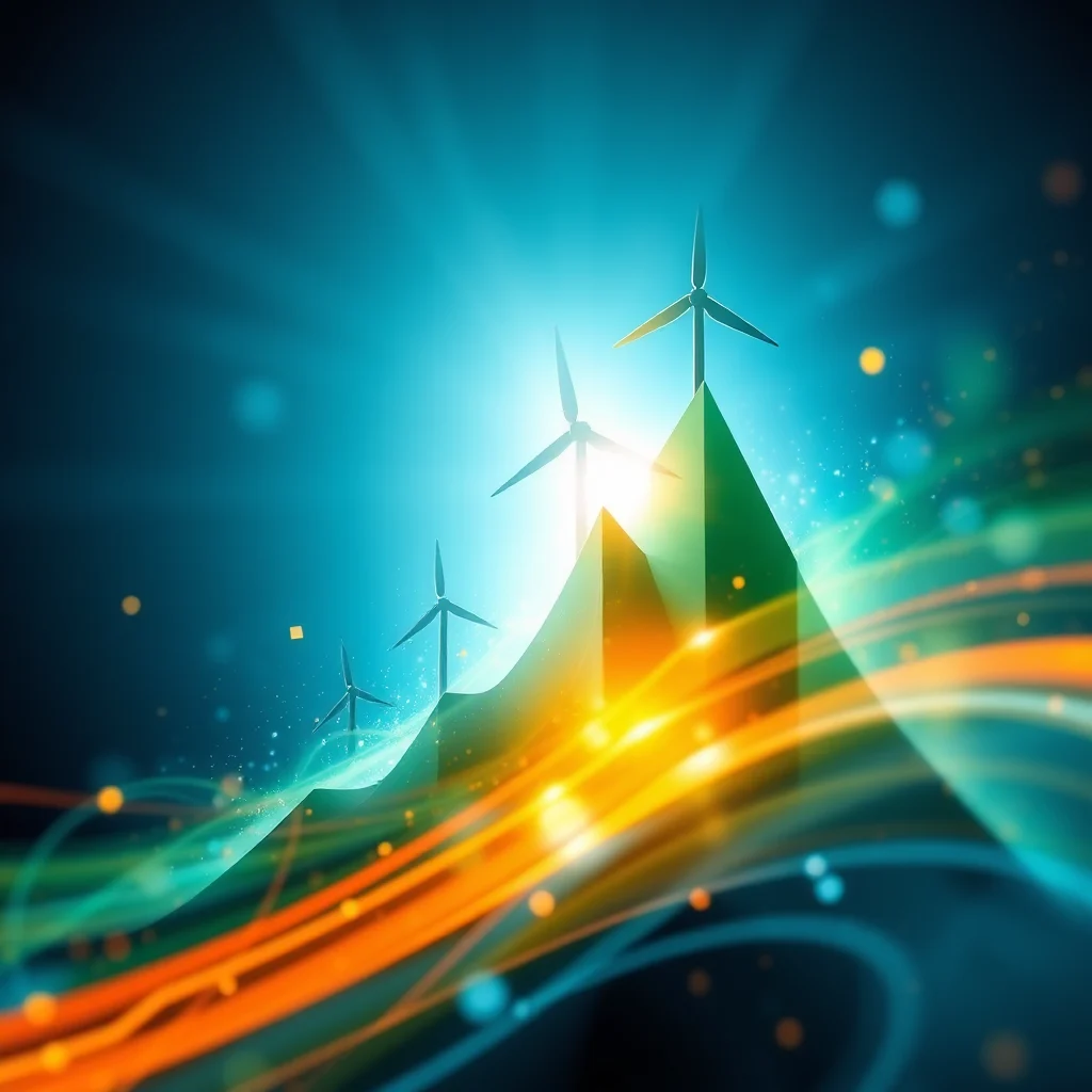 Windkraftanlagen auf Hügeln im Sonnenlicht mit leuchtenden Streifen und Bokeh-Licht.