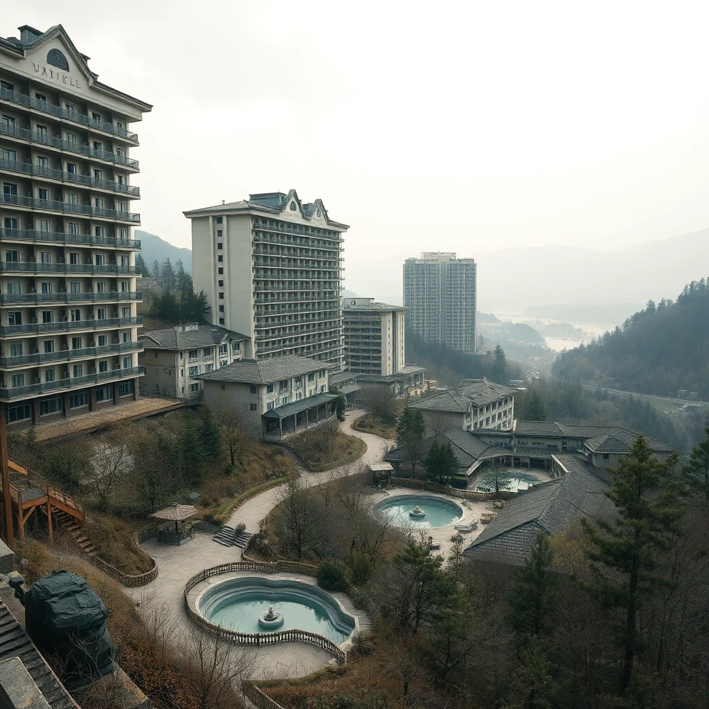 Eine Außenaufnahme aus der Vogelperspektive eines verlassenen Hotels mit mehreren Gebäuden und Pools, aufgenommen an einem bewölkten Tag.