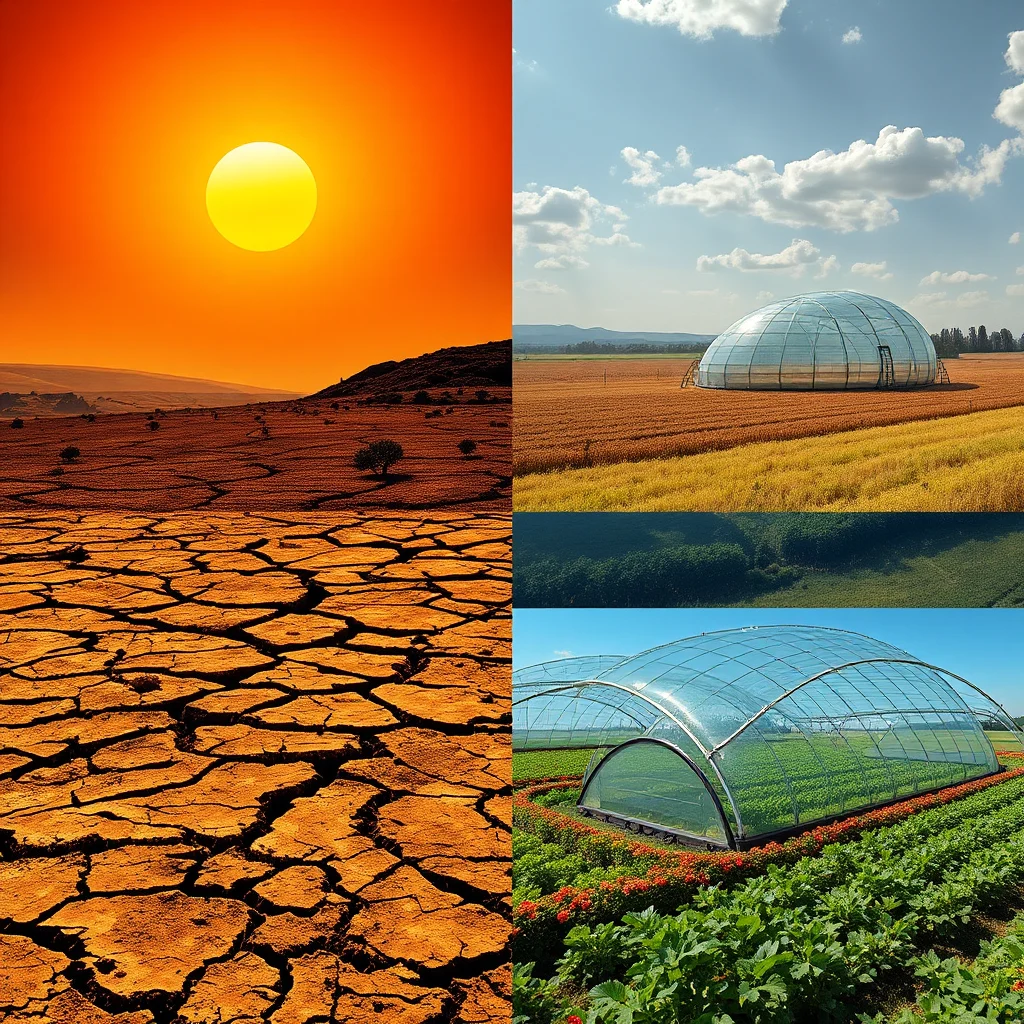 Ein geteiltes Bild mit drei Panels, die extreme Wetterbedingungen und landwirtschaftliche Lösungen darstellen. Das obere linke Panel zeigt eine trockene, rissige Erdoberfläche unter einem strahlend orangen Himmel mit einer großen, gelben Sonne. Es sind vereinzelt kleine Bäume zu sehen, die das Ausmaß der Dürre und Hitze unterstreichen. Das obere rechte Panel zeigt ein weites Feld mit goldgelbem Getreide unter einem blauen Himmel mit weißen Wolken. In der Mitte des Feldes steht eine futuristisch anmutende, kuppelförmige Gewächshausstruktur. Das untere rechte Panel zeigt eine Nahaufnahme von zwei miteinander verbundenen, bogenförmigen Gewächshäusern aus Glas. Innerhalb der Gewächshäuser sind üppig grüne Pflanzen zu sehen, die in Reihen angeordnet sind. Um die Gewächshäuser herum blühen rote Blumen und grünes Laub, was einen starken Kontrast zur Kargheit im linken Panel bildet.