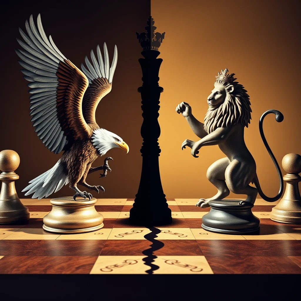 Ein Schachspiel mit einer Adlerfigur auf der linken Seite und einer Löwenfigur auf der rechten Seite, mit einer König-Figur in der Mitte.