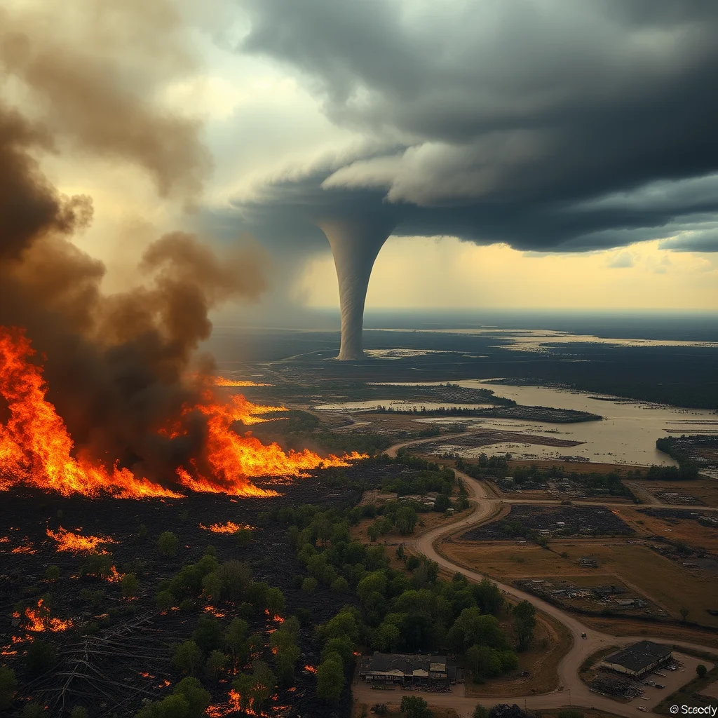 Ein riesiger Tornado ist über einer brennenden Landschaft mit viel Rauch zu sehen.