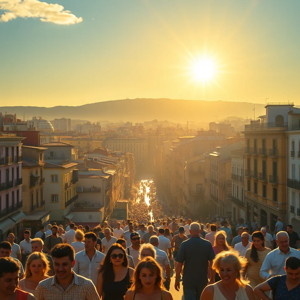 Sonnenuntergang über einer Menschenmenge in einer Stadt mit Blick auf die Berge.