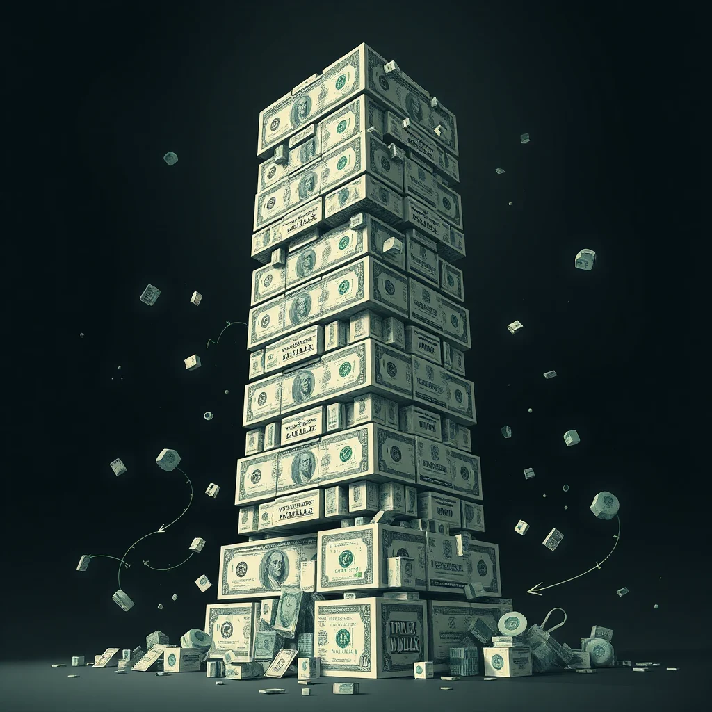 Ein hoher Turm aus Dollar-Scheinen, der in einem dunklen Raum steht, mit kleinen, würfelartigen Objekten, die in der Luft schweben und sich um den Turm herum bewegen.