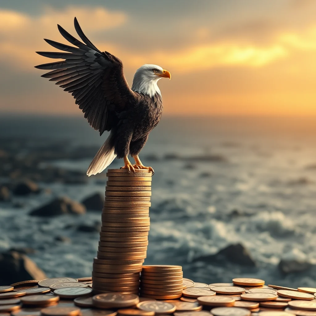 Ein Weißkopfseeadler steht auf einem hohen Stapel von Goldmünzen am Meer bei Sonnenuntergang.