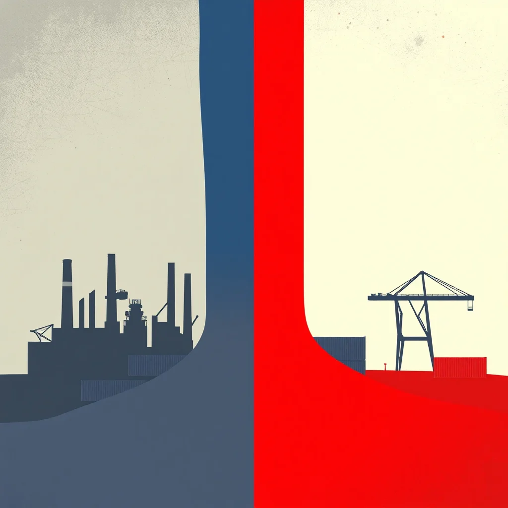 Ein Poster, das eine russische Flagge auf einem abstrakten Hintergrund zeigt, mit Silhouetten einer Industrieanlage auf der linken Seite und eines Hafens mit Kränen und Containern auf der rechten Seite.
