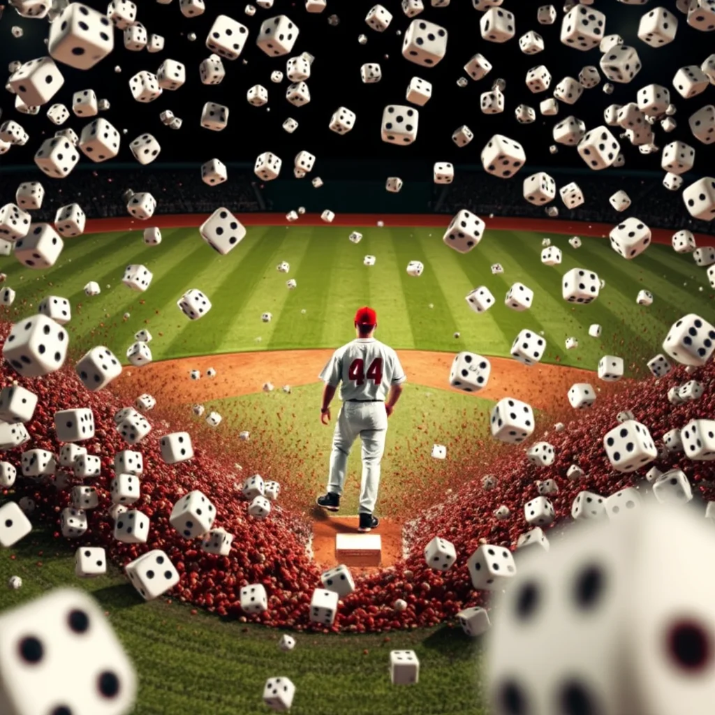 Ein Baseballspieler steht auf einer Base inmitten eines Feldes, das mit einer riesigen Menge an Würfeln übersät ist, die vom Himmel fallen.