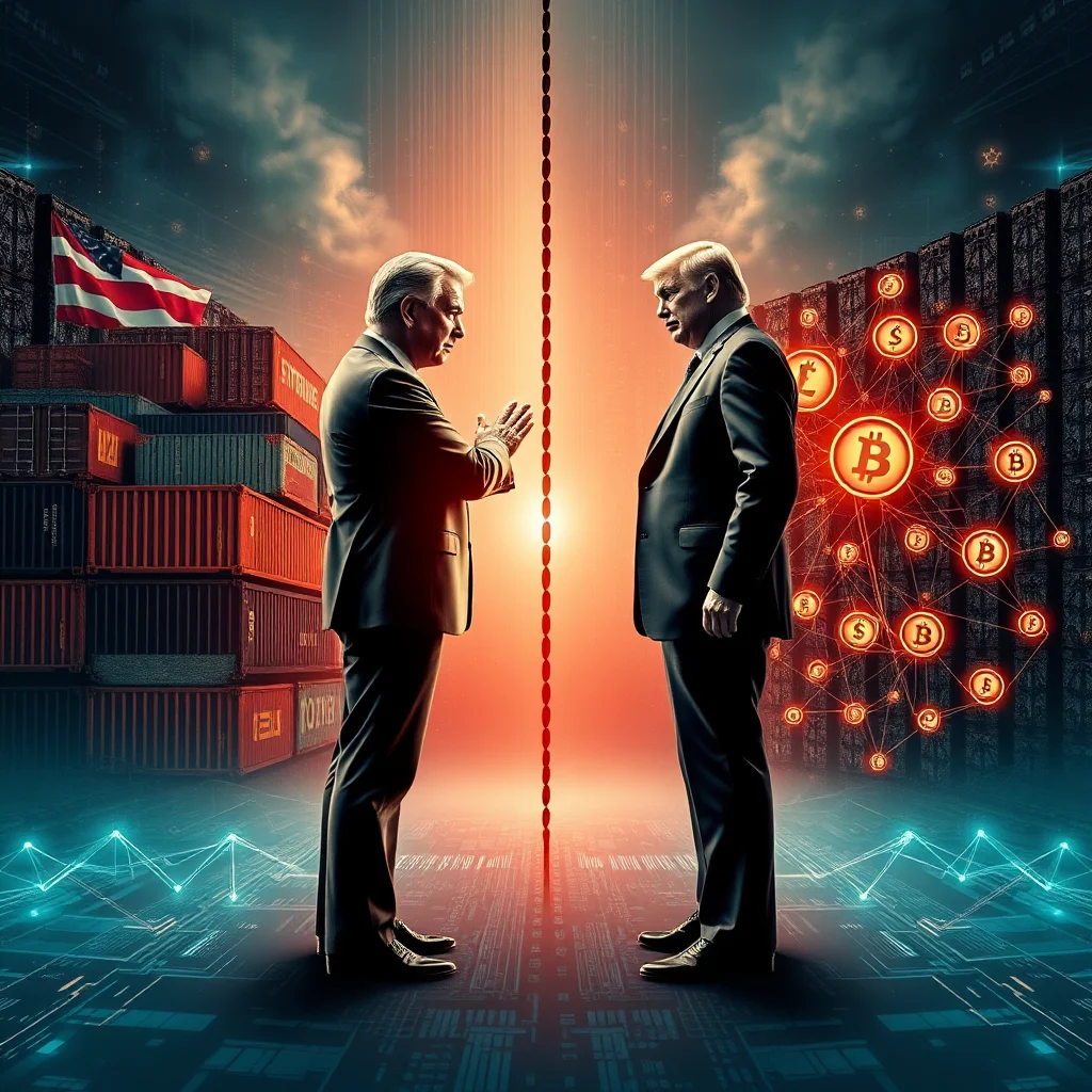 Zwei Männer in Anzügen stehen sich gegenüber, mit einem Stapel von Versandcontainern und einer amerikanischen Flagge auf der linken Seite und einer Darstellung des Bitcoin-Netzwerks auf der rechten Seite.