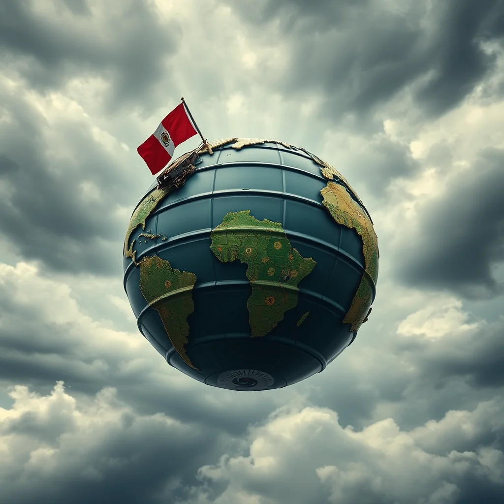 Eine stilisierte Weltkugel mit der peruanischen Flagge, die über einem von Wolken verdeckten Himmel schwebt.