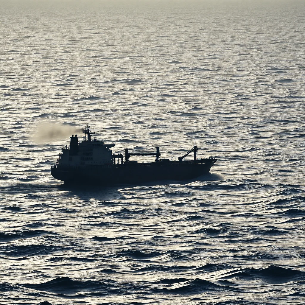 Ein Frachtschiff fährt auf dem Meer, während Rauch aus seinem Schornstein steigt, im Gegenlicht der tiefstehenden Sonne.