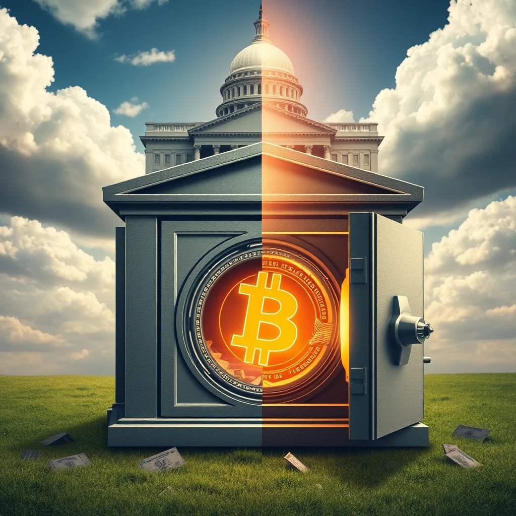 Ein Tresor mit einem Bitcoin-Symbol darin, das vor dem Hintergrund des Kapitols steht.