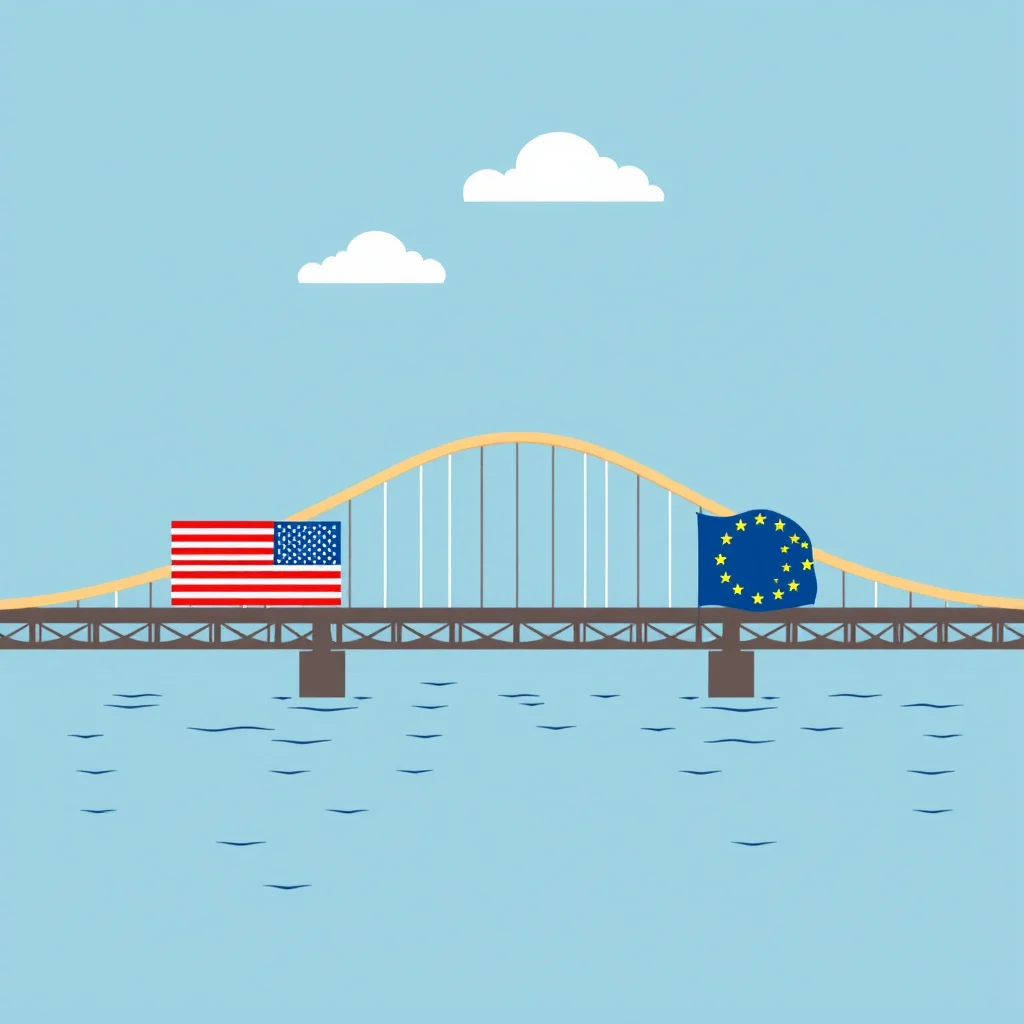 Eine Brücke mit der Flagge der USA auf der einen Seite und der Flagge der Europäischen Union auf der anderen Seite, über einem blauen Wasser mit einigen Wolken am Himmel.