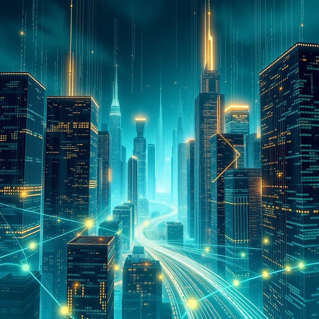 Ein futuristisches Stadtbild mit hoch aufragenden Wolkenkratzern, die mit Neonlichtern beleuchtet sind, und Datenströmen, die wie vertikale Linien vom Himmel herabhängen, was eine Cyberpunk-Ästhetik erzeugt.