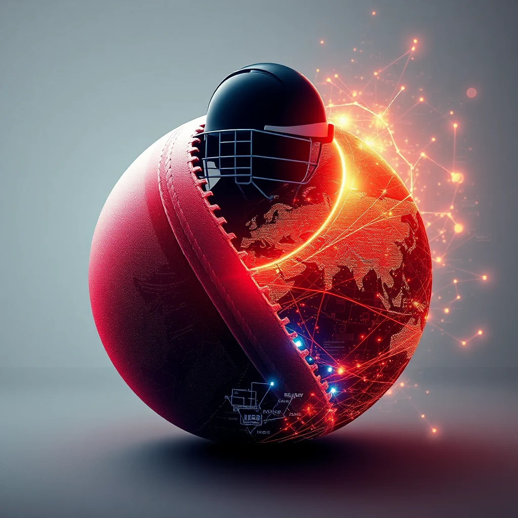 Ein stilisiertes Cricketspiel mit einem globenförmigen Ball, der mit einem Netz aus leuchtend roten Linien überzogen ist, und einem schwarzen Torwarthelm, der darauf sitzt und den Globus halb bedeckt.