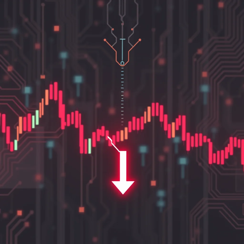 Ein fallender roter Pfeil überlagert eine Aktiendiagramm mit einem technischen Hintergrund aus Schaltkreisen.