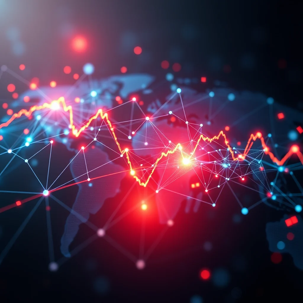 Ein digitaler und abstrakter Graf, der den globalen Aktienmarkt repräsentiert, mit einer hellgelben Linie, die auf einer blauen Weltkarte auf und ab geht, verbunden mit einem Netz aus roten und blauen Lichtern und Linien, die auf dunklem Hintergrund leuchten.