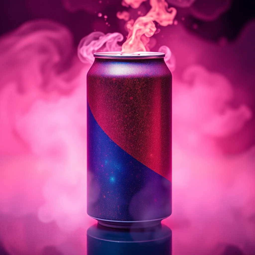 Eine offene, glitzernde Getränkedose in Violett und Rot steht im Mittelpunkt eines nebelverhangenen und leuchtend rosa Hintergrunds, aus deren Öffnung eine Flamme emporlodert.