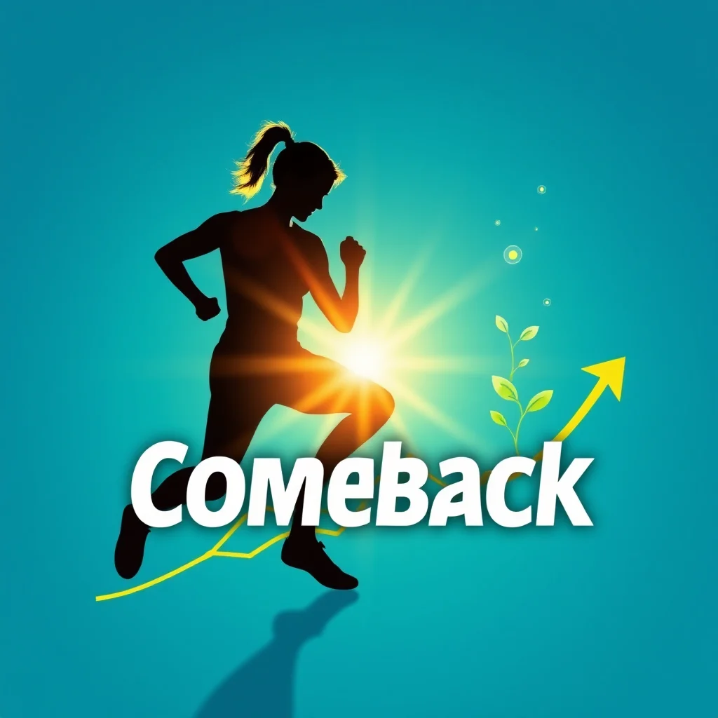 Silhouette einer Läuferin, die vor der aufgehenden Sonne rennt, mit dem Wort "Comeback" und einem wachsenden Pfeil im Vordergrund.